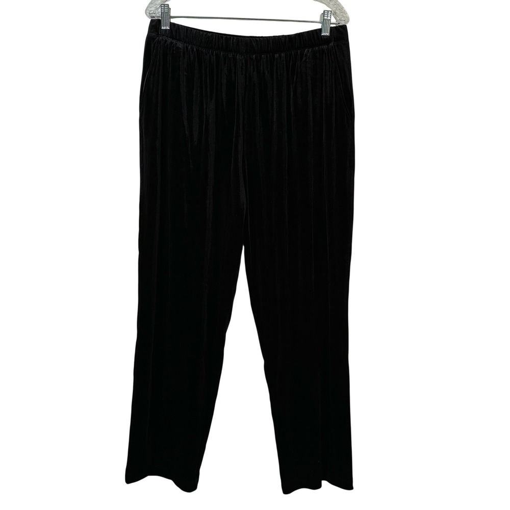 Lands End Womens Black Velvet Elastic Waist Straight Leg Pants Pockets L/P 14-16